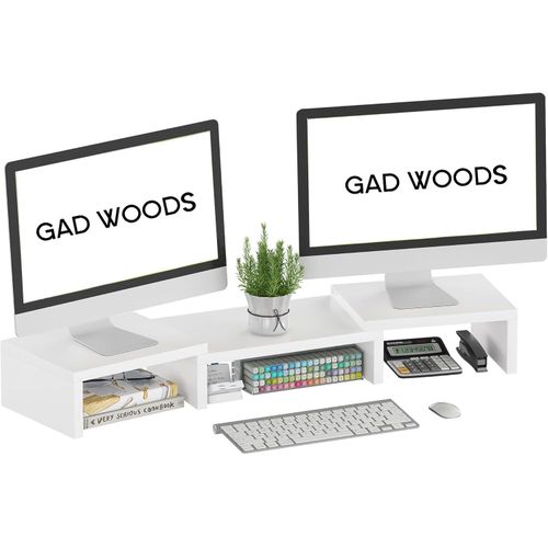 Desk Organizer for 2 Monitors or Monitor and Laptop - High Quality MDF - Desk Organizer Shelf with Side Storage Units - White