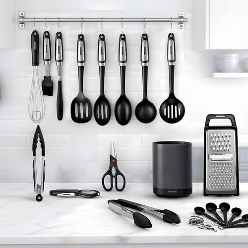 36-Piece Complete Kitchen Serving and Utensils Set for Food Prep Black/Silver