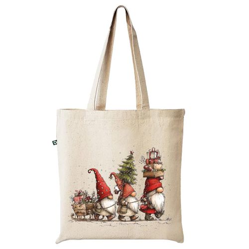 White Christmas tote bag Beige High quality 100% linen handbag with distinctive design and shapes, multi-use (travel/lecture/club/work) three Christmas Gnomes carrying gifts