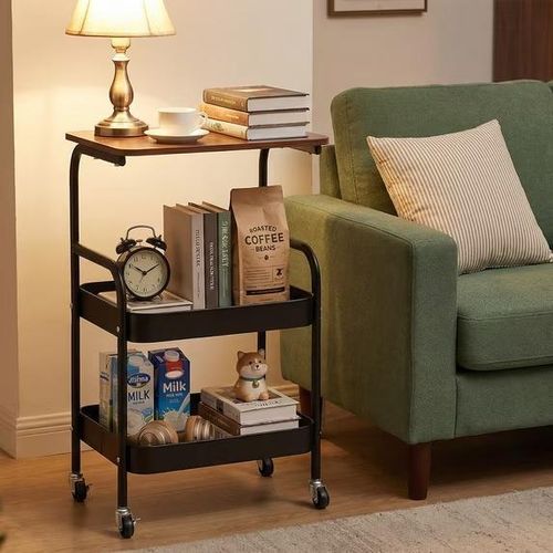 3-Tier Rolling Storage and Serving Cart with Stylish Wooden Surfaces and Metal Frame A versatile cart featuring a modern elegant design ideal for organizing and storing kitchenware beverages meals and household items