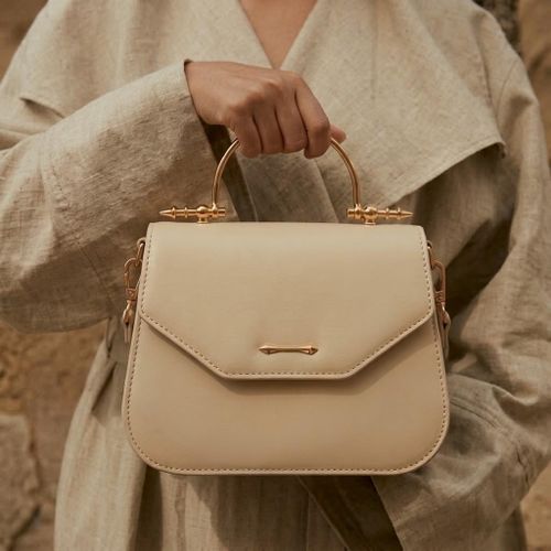 Luxury Leather Flap Crossbody Bag With 2 Hands - Beige