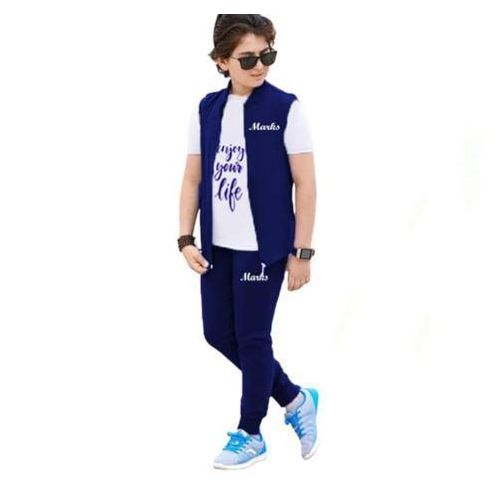 Boys 3-Piece Outfit Set (T-Shirt + Sleeveless Hoodie Vest + Pants) – Premium Cotton – Stylish Printed Design - Dark Blue