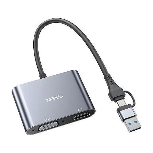 HM15 USB-C to HDMI and VGA Adapter - 2-in-1 Dual Display Video Converter Cable, Supports Screen Mirroring & Extended Desktop Mode, Compact Aluminum Shell for MacBooks, Laptops, Projectors, and Modern Monitors (Space Gray)