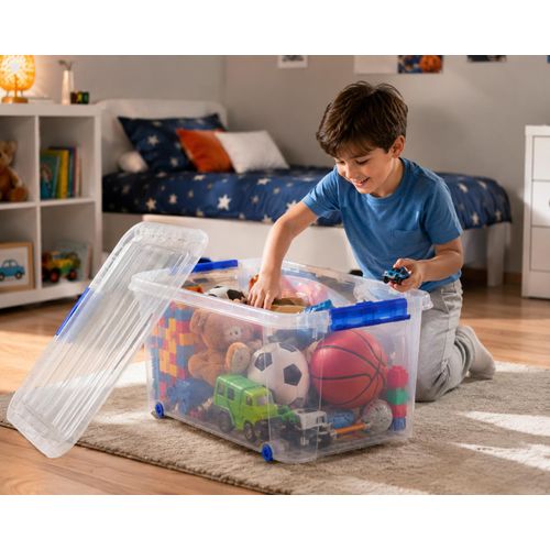 72L Storage Organizer Box for Kids Toys and Books with Wheels and Cover Transp arent Storage Bin