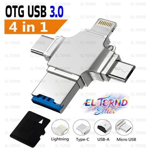 OTG USB 3.0 Card Reader 4-in-1 Supports (Type-C, iPhone, Micro-USB, Memory Card Slots) By EL-TERND – Silver