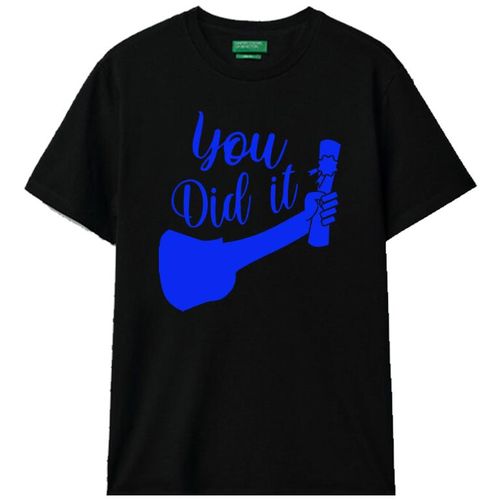 Black cotton t-shirt with blue You Did It graduation graphic print