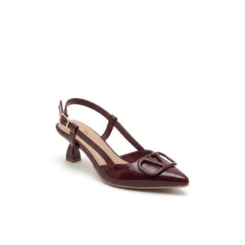 Shoes Mid Heels Leather With Buckle Elegant F-613 - Burgundy