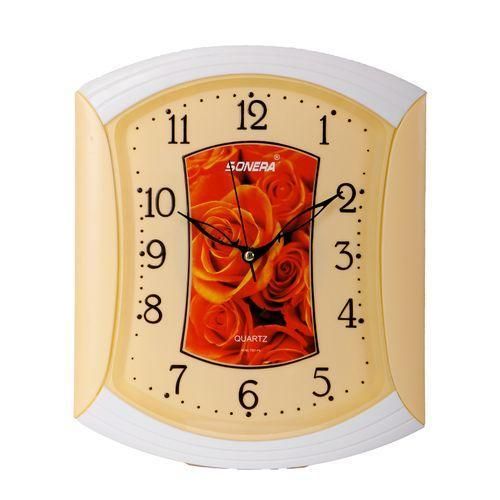 27 cm Square Wall Clock, Quartz Analog Wall Clock, Durable Plastic Cream Frame, Decorative Rose Design, Large Easy-to-Read Numbers for Home, Office, Living Room, Bedroom & Kitchen