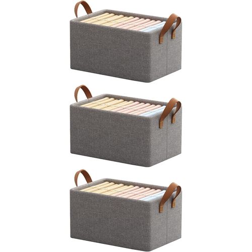 Flexi Fold Large Foldable Cloth Basket for Storage with Metal Frame & Handle - Grey Pack of 3 Space Saver Wardrobe Bin Box Organizer
