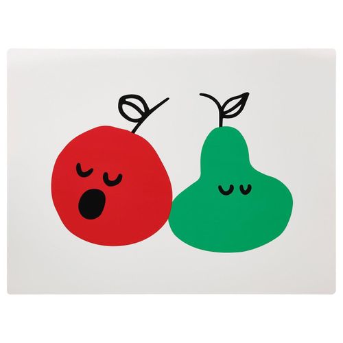 Place mat This image the GRÖNFINK colourful place mat in red and green with whimsical fruit designs, made of durable polypropylene plastic.
