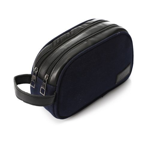 M&O Linen And Genuine Leather Clutch Handbag - Navy Blue