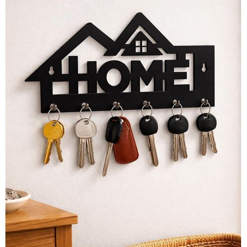 Home Home Design Wooden Wall Key Hanger Black with Silver Metal Hooks, 6 Hooks