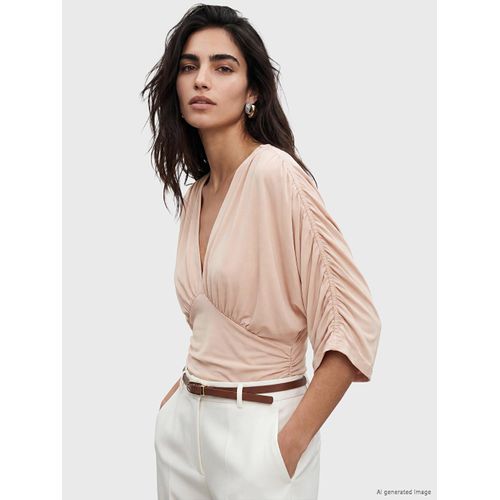 V Neck Ruched Batwing Sleeve Blouse