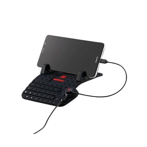 Remax Mobile Car Holder with Magnetic Charging Base, Adjustable Clamp Arm, 2-in-1 Cable for Apple & Android, Anti-Skid Silicone, 5V-2A Output, 120-Degree Adjustable Angle for Smartphones and Tablets