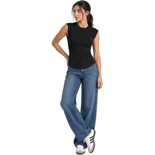 Women’s Basic Top Ribbed Knit – Crew Neck Basic T-sho- Cap Sleeve Cotton Stretch Fitted T-shirts For Women - Stretchy Slim Fit Casual Tee