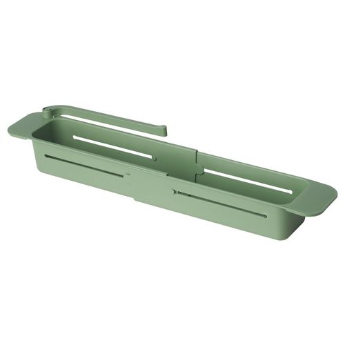 Sink container Depicts a green SKOLÄST kitchen sink organiser, featuring slots for brushes and a dishcloth holder.