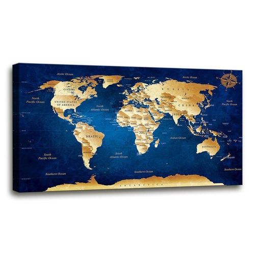 Wall Art blue map of the world Painting Ready to Hang -20 x 40 Pieces Large Framed wall art world Map Canvas Art Map wall decorations Artwork Prints for Background For Home Office Decoration.