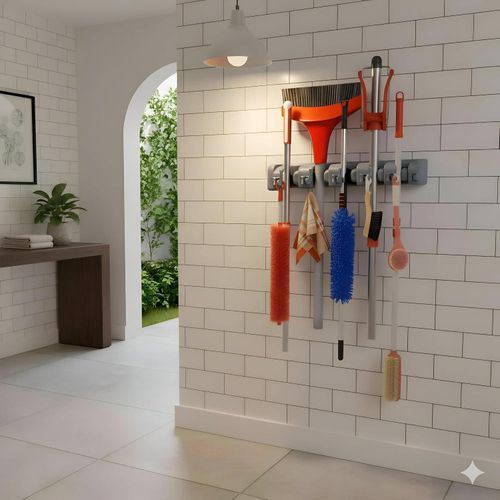 Tool Wall Mount - Sleek 5-Point Holder for Brooms, Vacuums, and Brushes, Transforms Cluttered Corners into Tidy, Accessible Storage Zones