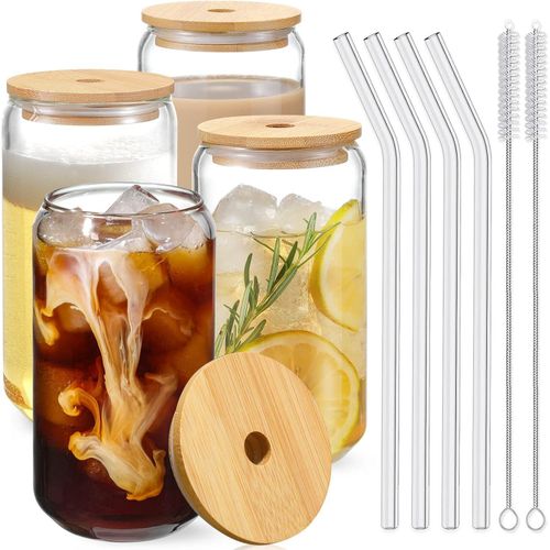 Drinking Glasses with Bamboo Lids and Glass Straw 4pcs Set - 16oz Can Shaped Glass Cups, Glasses, Iced Coffee Glasses, Cute Tumbler Cup, Ideal for Cocktail, Whiskey, Gift - 2 Cleaning Brushes