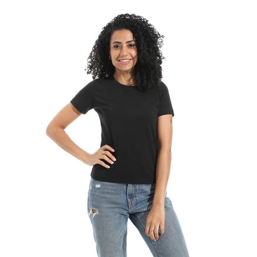Crew Neck Cap Sleeves Slip On Basic T-Shirt - Black