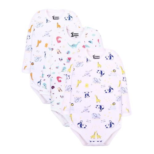 Funny Bunny Pack of 3 Long Sleeve White Printed Colors Bodysuit for Baby Boy