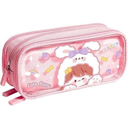 Transparent Pencil Case – Large Capacity Fabric Bag with Cute Cartoon Print – Three Compartments for Multi-Functional Stationery Organization – Durable Zipper Design (Cute Bunny Pattern)