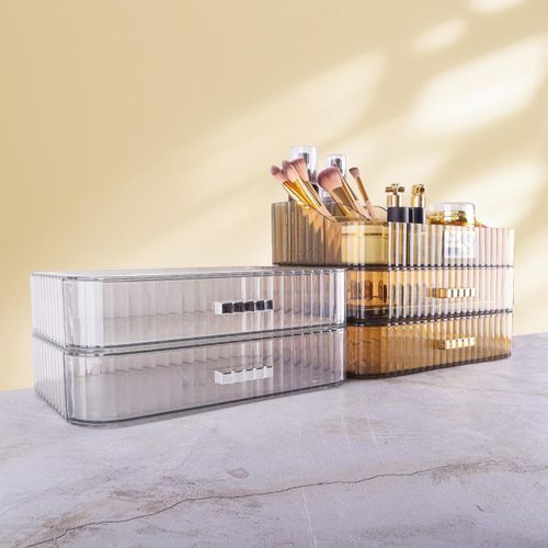 Acrylic Makeup Organizer Display Shower Plate Jewelry Organizer Desktop Cosmetics Storage Holder for Countertop Tabletop Home (Clear, 2Drawers)
