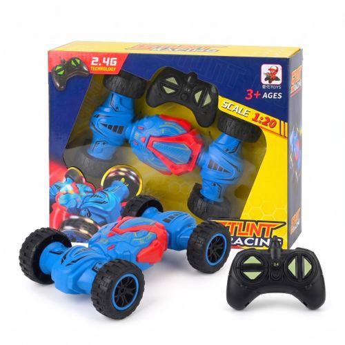 2.4G RC Stunt Car 1:20 Scale, 4WD Rechargeable with 360° Rotation & LED Lights - Blue