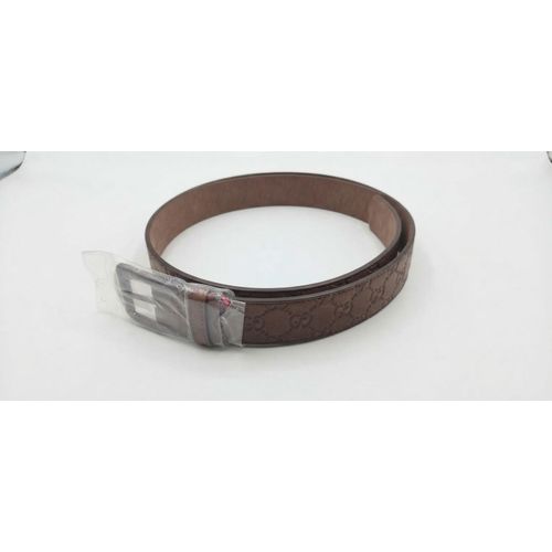Men's belt genuine leather, luxurious brown color with an elegant pattern, 120 cm long modern metal buckle