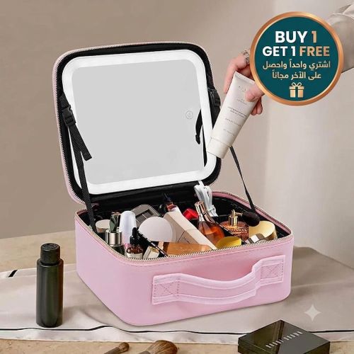 Travel Makeup Bag with Magnetic Removable Lighted Mirror, Cosmetic Bag Organizer with Mirror 360° Angle, Tri-Color LED Lighted Makeup Case, Portable Makeup Travel Train Case with Adjustable Dividers 1 + 1 FREE