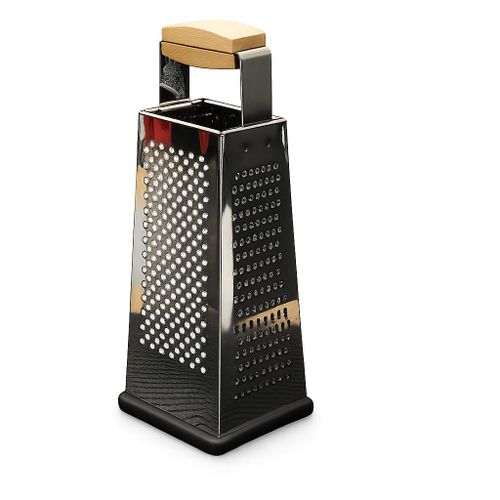 Stainless Steel Box Grater 4 Sided, 4-in-1 Cheese Grater - Vegetable Slicer, Coarse Fine Grater, Lemon Zester, Garlic Ginger Potato Carrot Grater, Non-Slip Base, Wooden Handle