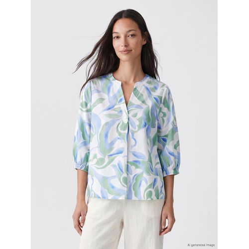 Notch Neck Patterned 100% Cotton Blouse