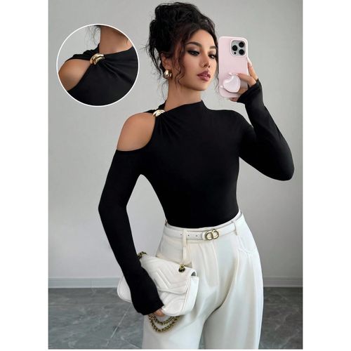 Metal Decor Hollow Out Off Shoulder Long Sleeve T-Shirt Fall Cloth For Women