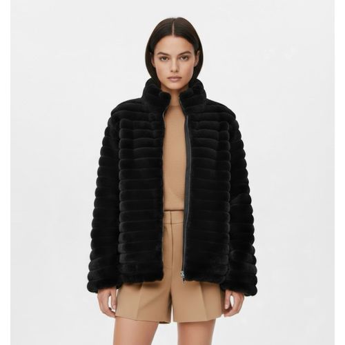 Ribbed Faux Fur High-Neck Jacket