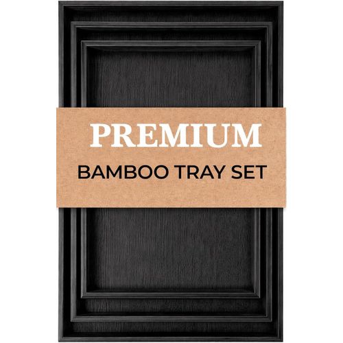 Premium Bamboo Serving Tray Set, Rectangular Nesting Platters, for Breakfast, Dinner, Coffee and Home Organisation (Black)