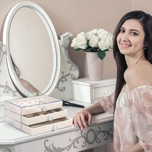Acrylic Jewelry Organizer Makeup Cosmetic Storage Organizer box Clear Jewelry Case with 3 Drawers Adjustable Jewelry Box Velvet Trays grid size