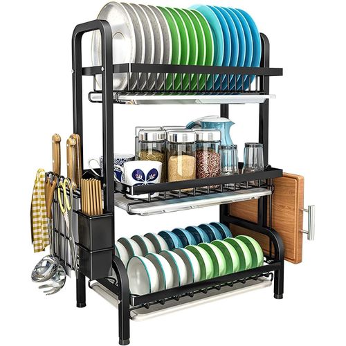 Fret Drainer 3 Levels, Large Capacity Dish Drainer, Frets with Drainage Tray, 3, Cutting Board Grid*1, Tableware Grid*1