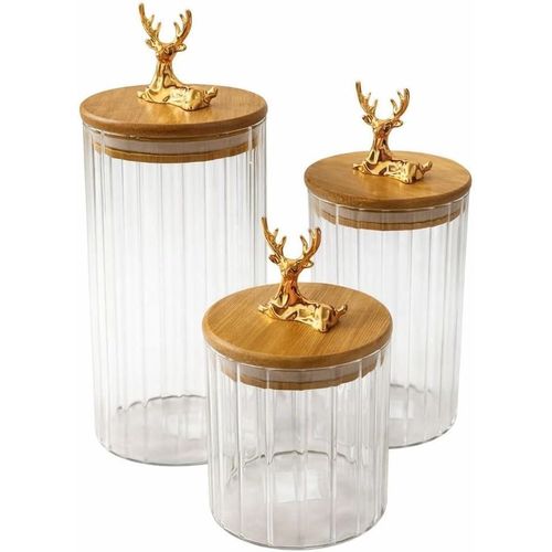 Clear Glass Jar Set With Wooden Lid And Golden Deer Handle 3 Pieces Different Sizes Striped Design