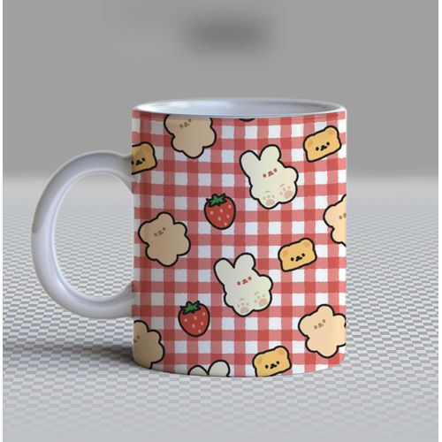 Cute Teddy Bear Mug - Ceramic Coffee Cup, 11 oz - Red Gingham Plaid Pattern with Kawaii Bear Biscuits, Toast & Strawberries, Aesthetic Cottagecore Gift for Women, Girls, and Friends, Girly Desk Decor