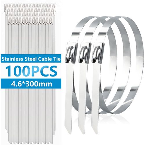 100Pcs Metal Zip Ties 11.8 Inch 304 Stainless Steel Cable Ties Heavy Duty Self-Locking Zip Ties for Outdoor Fence Farm Cable Pipe Garden Lamp H-082-100PCS