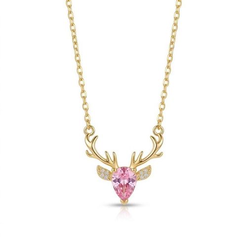Women's Gold Stainless Steel Reindeer Antlers Pendant Necklace with Pink Crystal