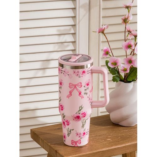Women's Thermos Mug With Flower And Bow Pattern And Handle 1200 Ml