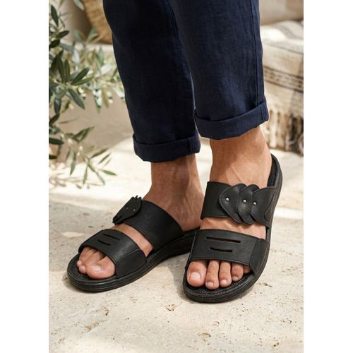 Slippers with Natural Leather and Comfortable Medical Sole - Black