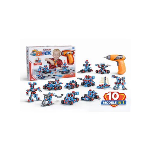 Kids 10-in-1 Meccano Drill Construction Set – 286 Pieces DIY Engineering Kit with Toy Drill, Screwdriver, and Models of Cars, Robots, and Airplanes – Educational STEM Building Toy for Children Ages 6+ (Shape and color may vary)