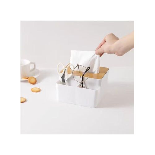 Multifunctional Tissue Box Holder with Wooden Lid Organizer Stylish Desktop Storage Solution Modern Design Container with Two Compartments for Pens, Remote Controls & Small Accessories