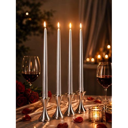 Collection of 4 silver candles, each 25 cm long, for happy occasions and candlesticks