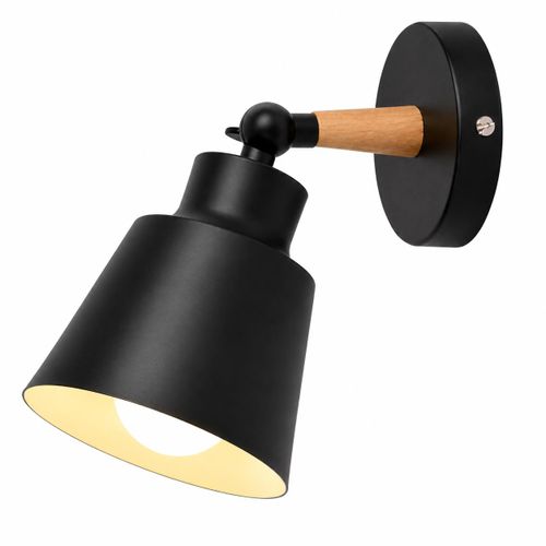 Modern Black Wall Sconce with Wooden Arm, Adjustable Head, 12 × 13 cm, E27 Wall Light - Mishkah Light