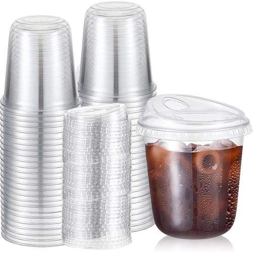 Juego of 50 plastic vases with tapa for the café, PET trays for the café helado, licuado of fruits, bread frías, tiendas of bebidas, catering of fiestas, transparente 12 onzas
