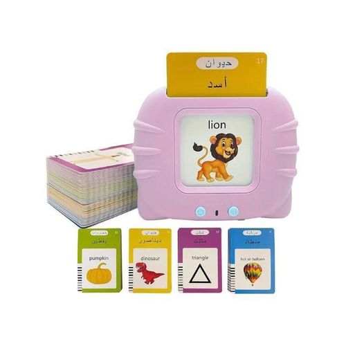 Arabic English Educational Learning Toys for 2-6 Year Old Kids, Listen and Learn Literacy Audible Flash Cards for Kid, Arabic Learning Toys for Toddlers, 112 Pieces Talking Audio Flashcards with Sound Effects Contains 224 Sight Words, Pink