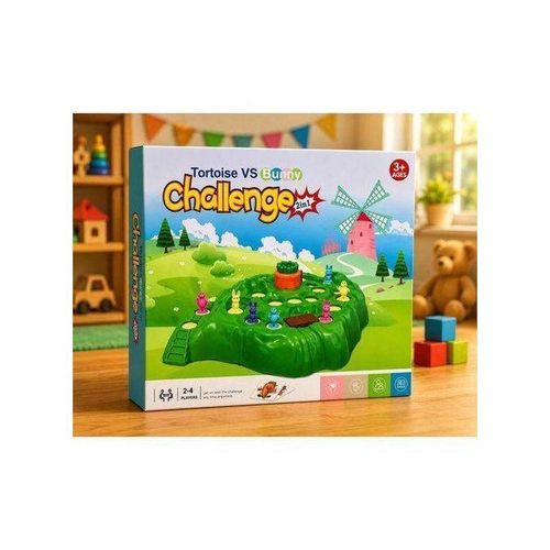 Rabbit Racing 2-in-1 Game for Kids – A multiplayer board game with obstacles and challenges – Includes a paper map and 3D game figure – With challenge cards and dice – Suitable for 2 to 4 players